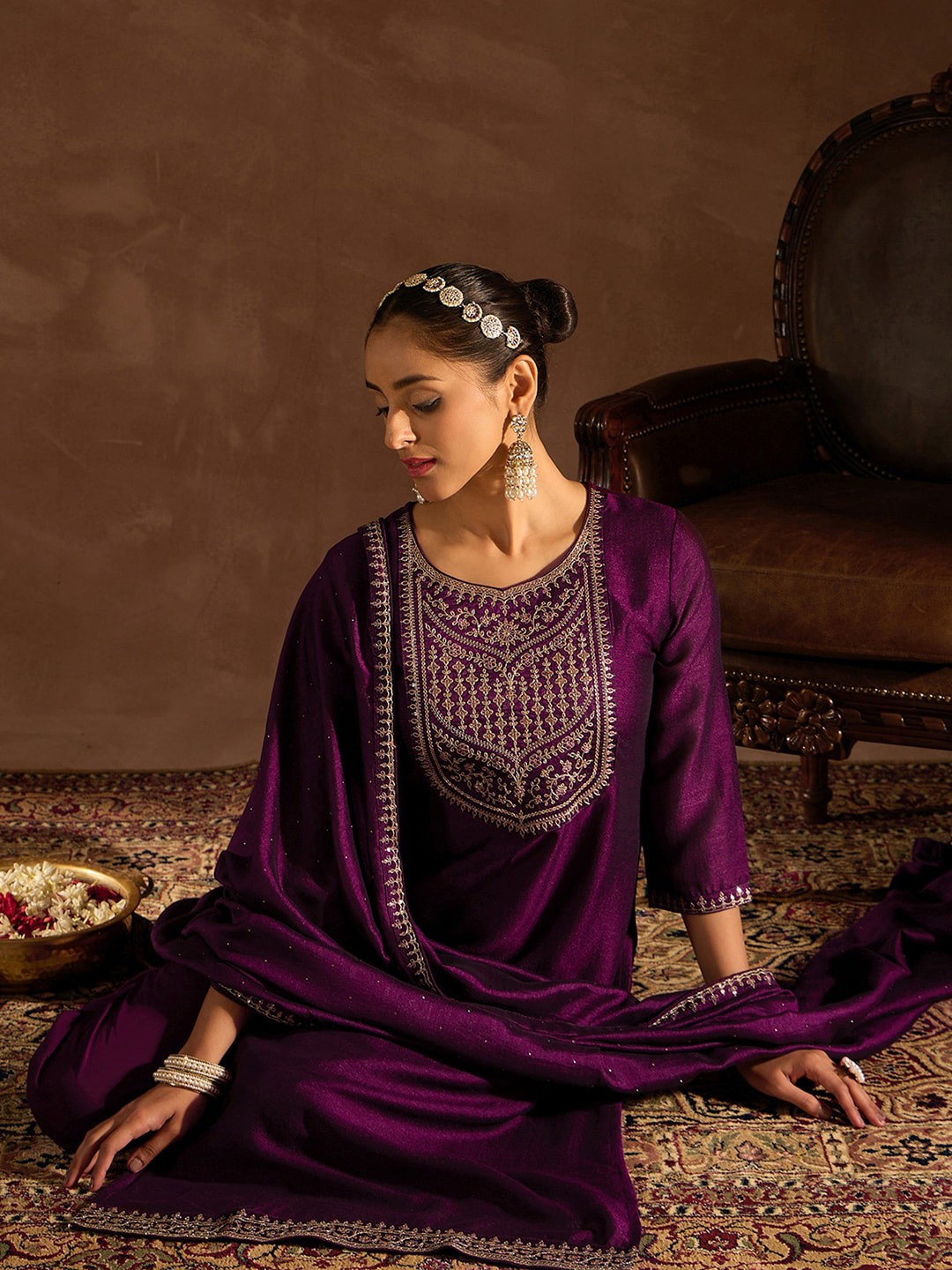 

Indo Era Ethnic Motifs Embroidered Sequinned Straight Kurta with Trousers & Dupatta, Purple