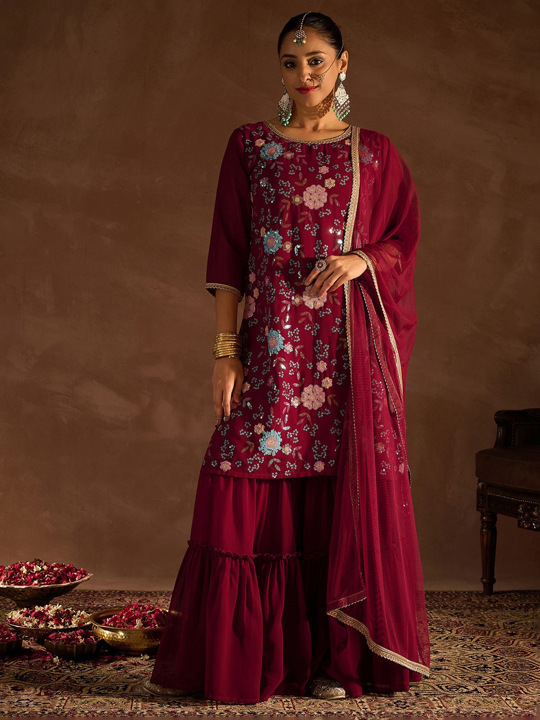 

Indo Era Floral Embroidered Regular Sequinned Kurta with Sharara & With Dupatta, Maroon