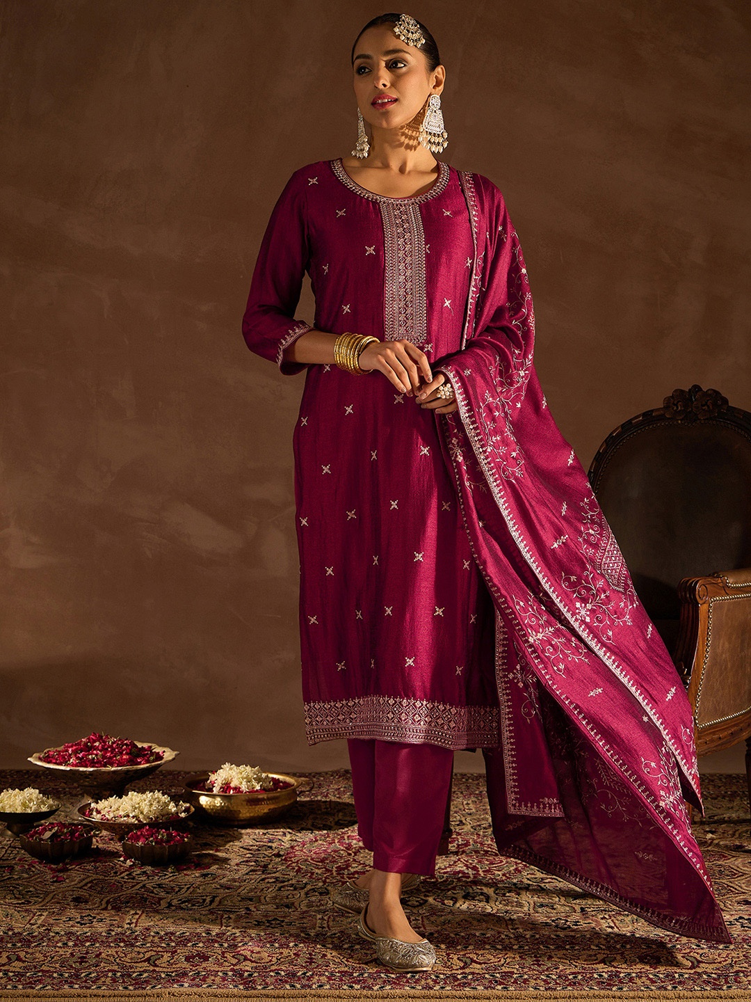 

Indo Era Maroon Ethnic Motifs Embroidered Thread Work Kurta with Trousers & Dupatta