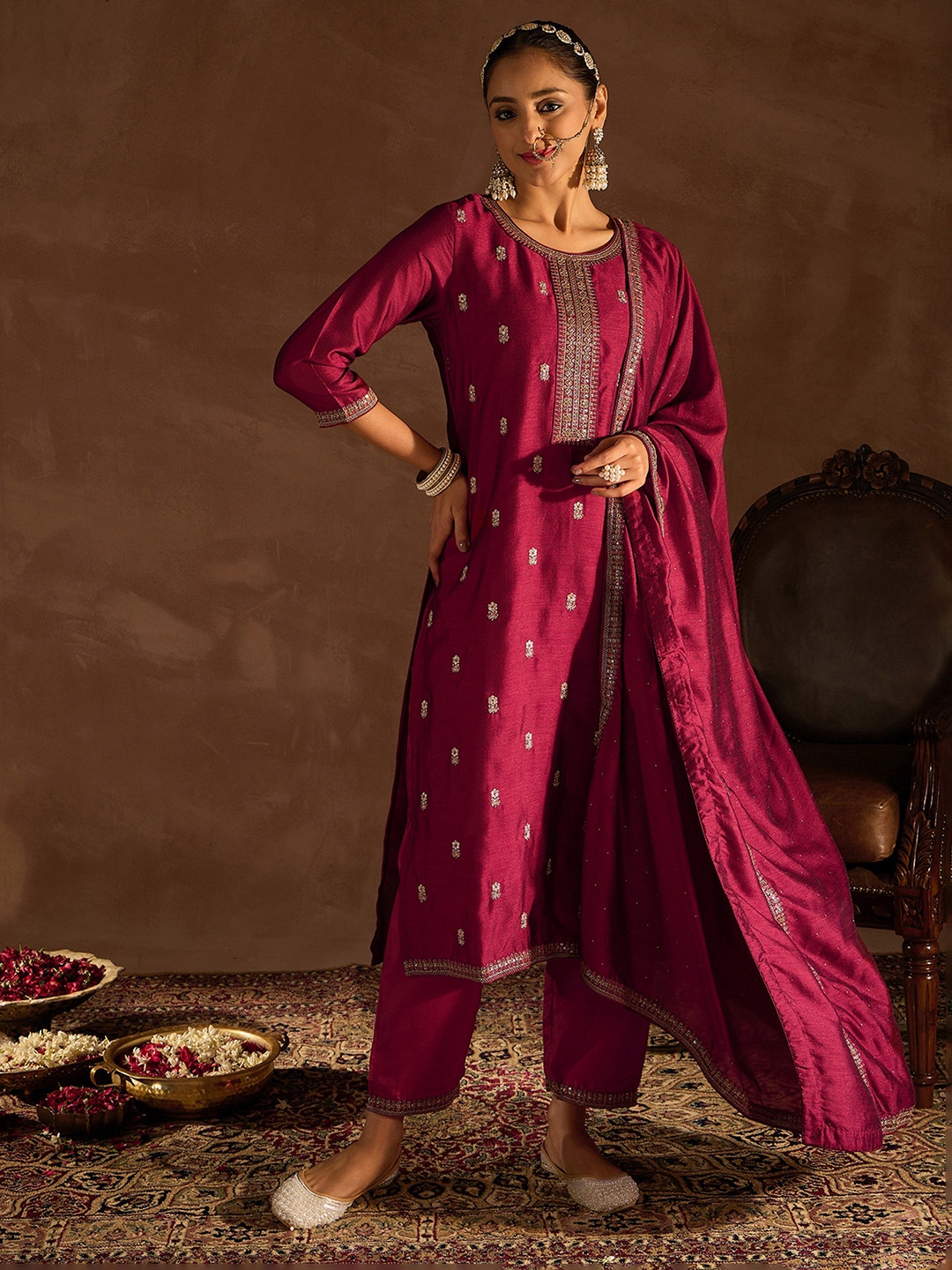 

Indo Era Floral Embroidered Regular Sequinned Kurta with Trousers & Dupatta, Purple