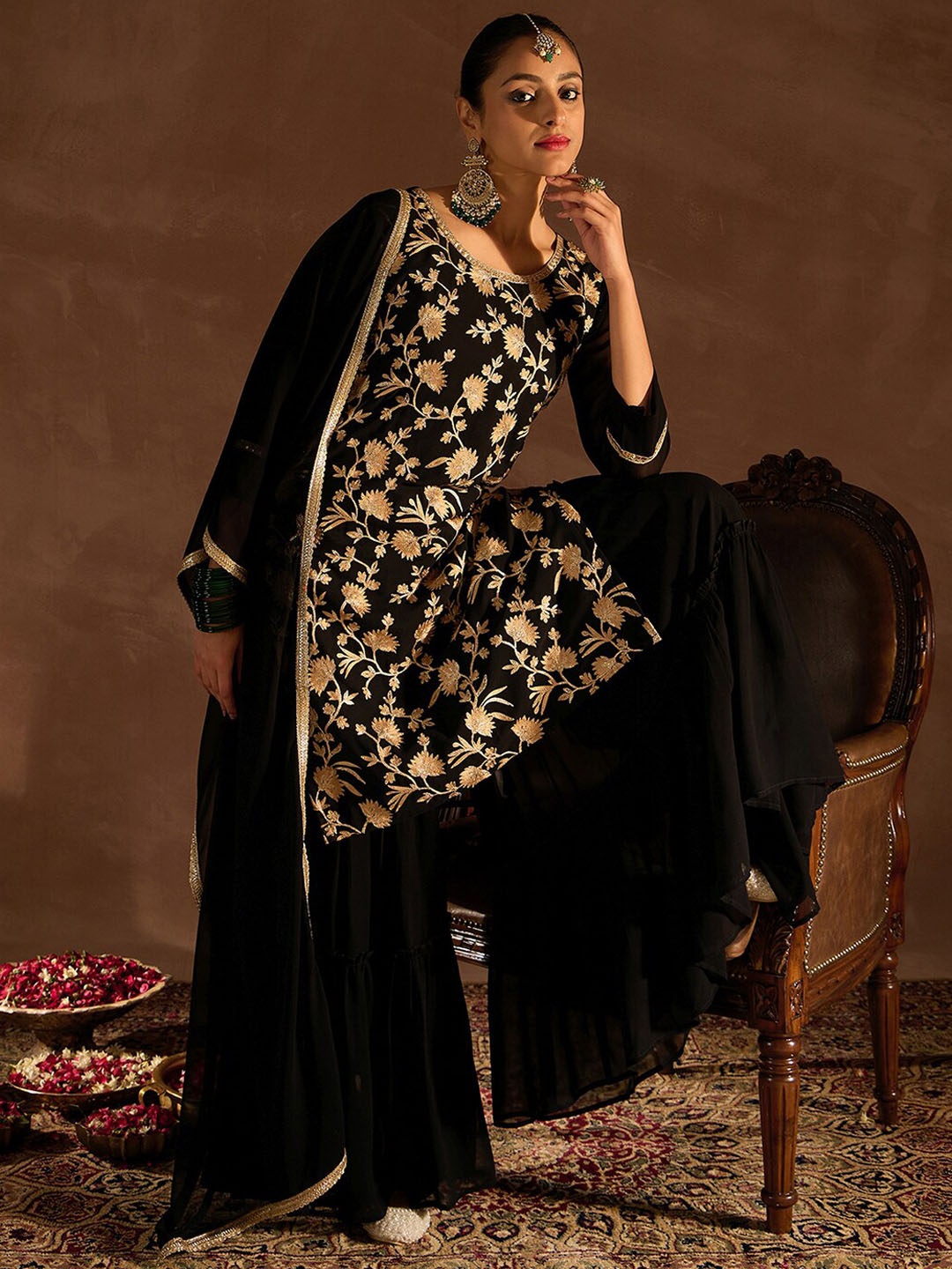 

Indo Era Ethnic Motifs Embroidered Thread Work Kurta with Sharara & Dupatta, Black