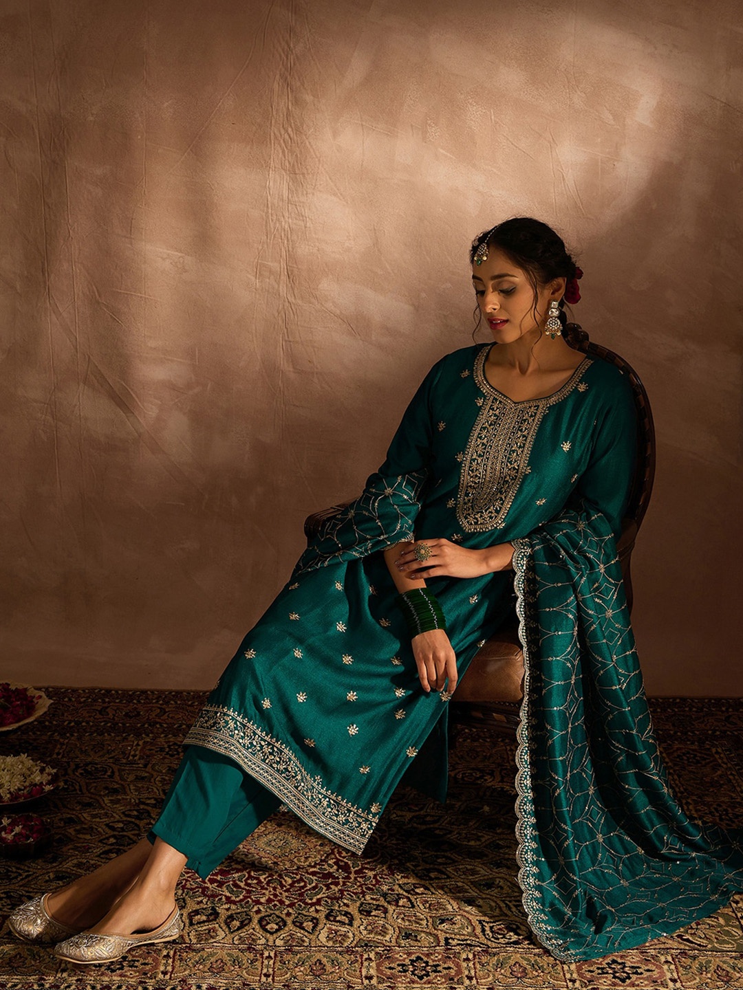 

Indo Era Floral Embroidered Regular Thread Work Straight Kurta With Trousers & Dupatta, Sea green