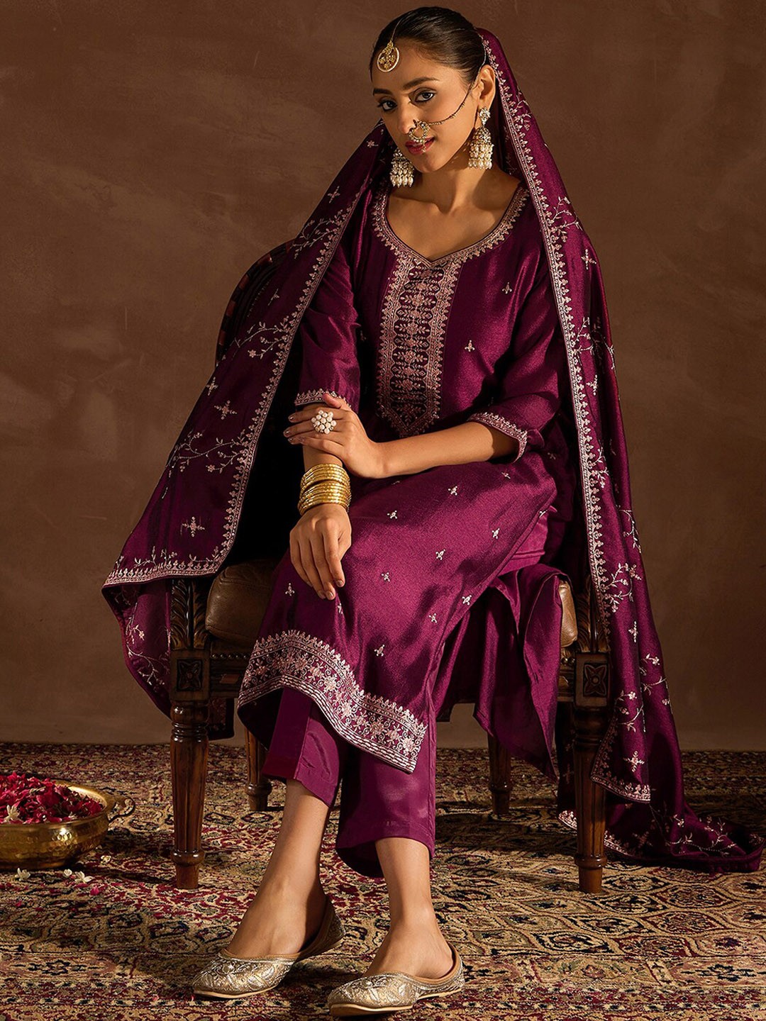 

Indo Era Ethnic Motifs Embroidered Rular Sequinned Kurta with Trousers & Dupatta, Burgundy