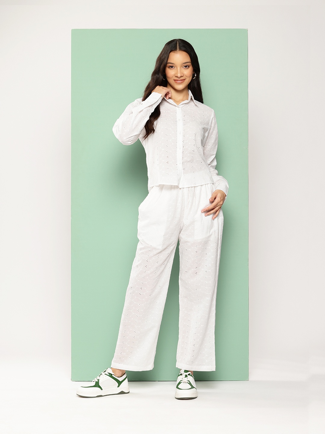 

BROOWL Schiffli Pure Cotton Shirt & Trouser Co-Ords, White