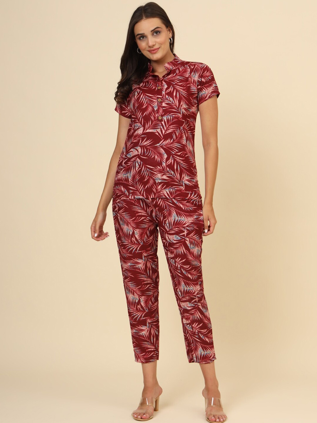 

Modestouze Attires Printed Mandarin Collar Top With Trousers Co-Ords, Maroon