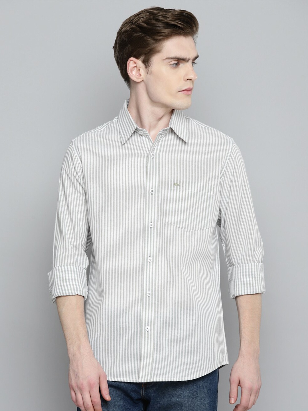 

Allen Cooper Classic Striped Spread Collar Curved Cotton Casual Shirt, Green