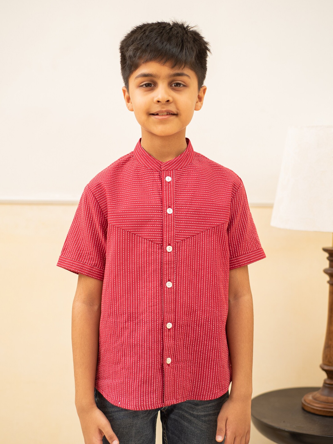 

PlumCheeks Boys Relaxed Mandarin Collar Opaque Striped Cotton Casual Shirt, Maroon