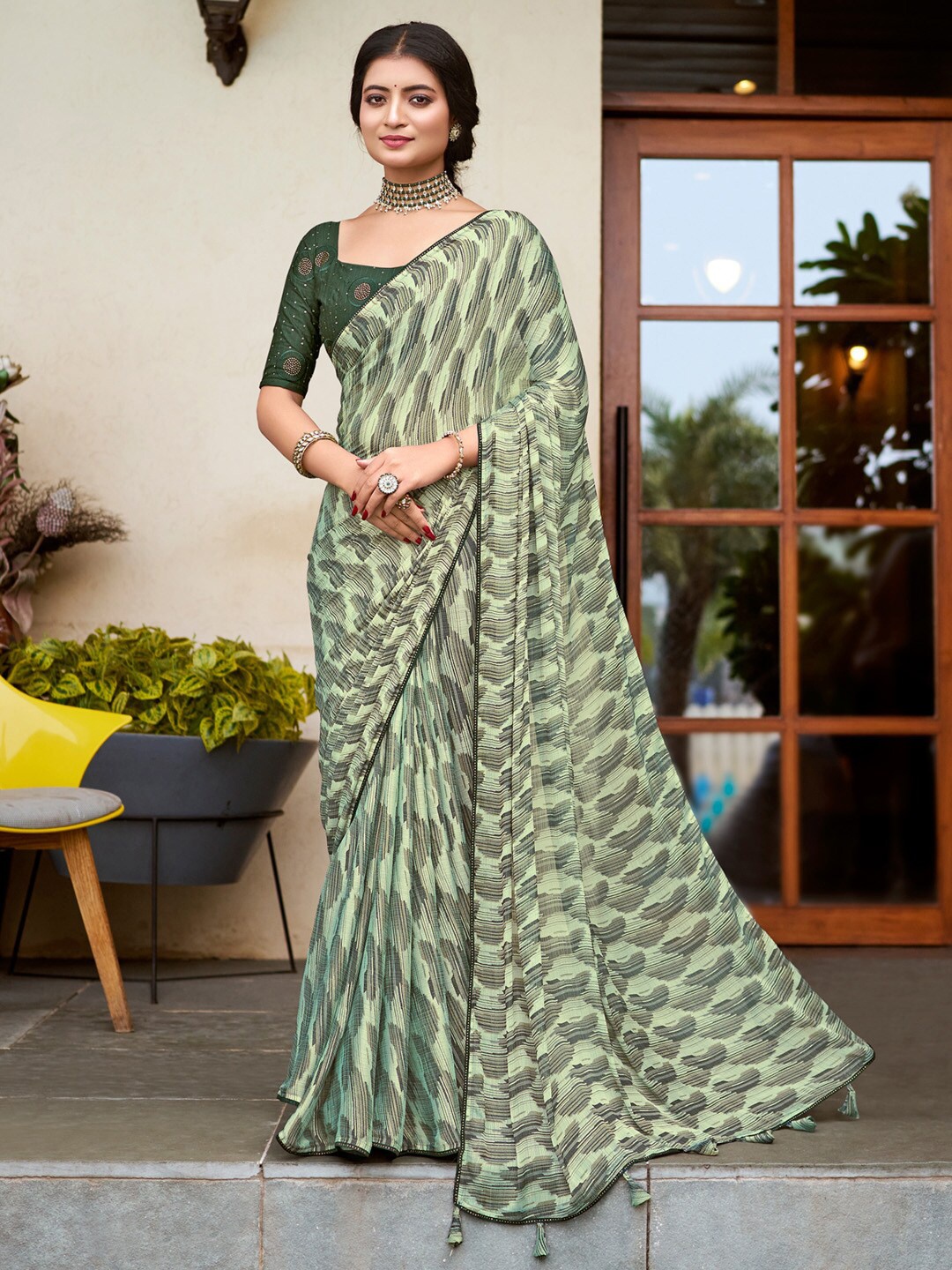 

Saree mall Pure Chiffon Bagru Sarees, Green