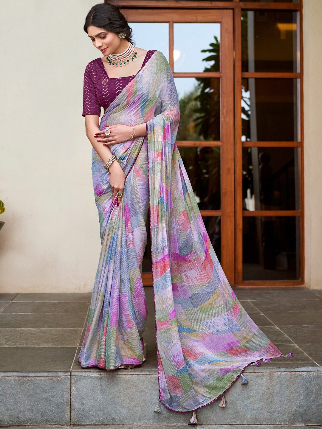 

Saree mall Beads and Stones Poly Chiffon Bagru Sarees, Purple