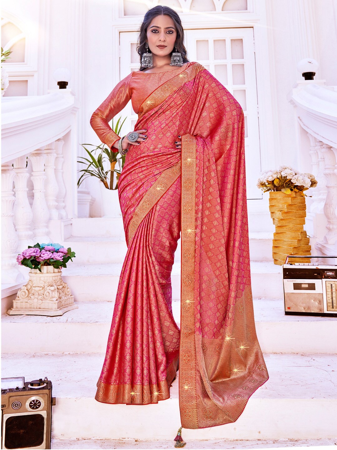 

Saree mall Paisley Beads and Stones Silk Banarasi Sarees, Pink