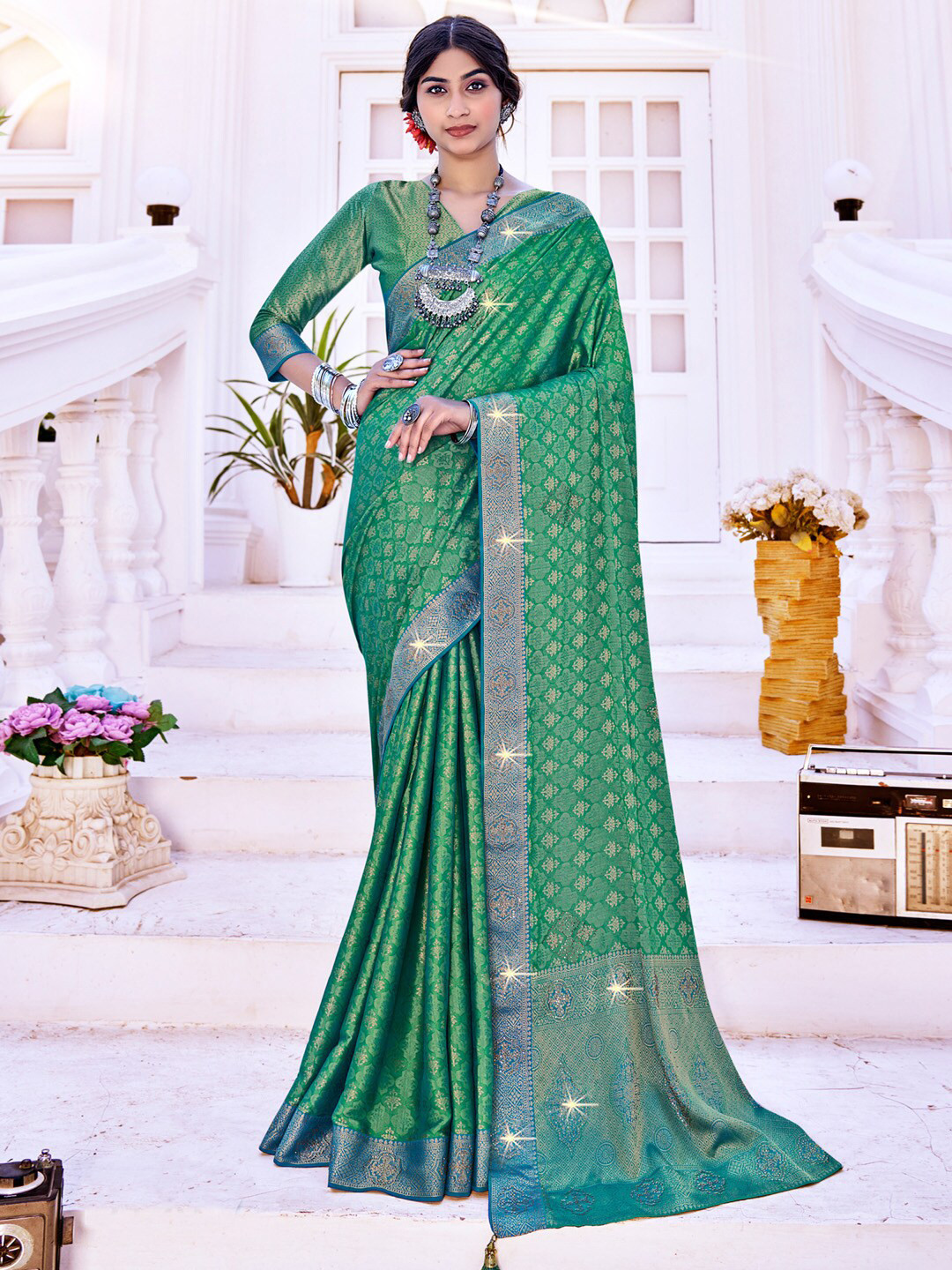 

Saree mall Ethnic Motifs Zari Silk Banarasi Sarees, Teal