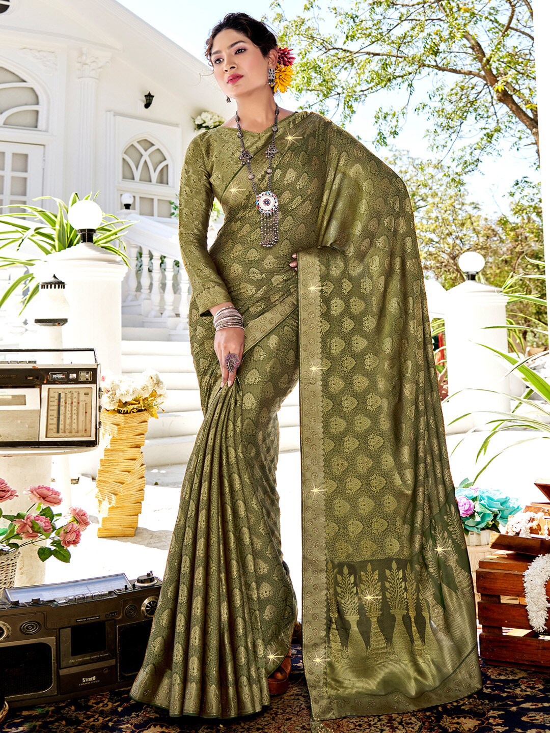 

Saree mall Woven Design Zari Silk Designer Banarasi Sarees, Olive