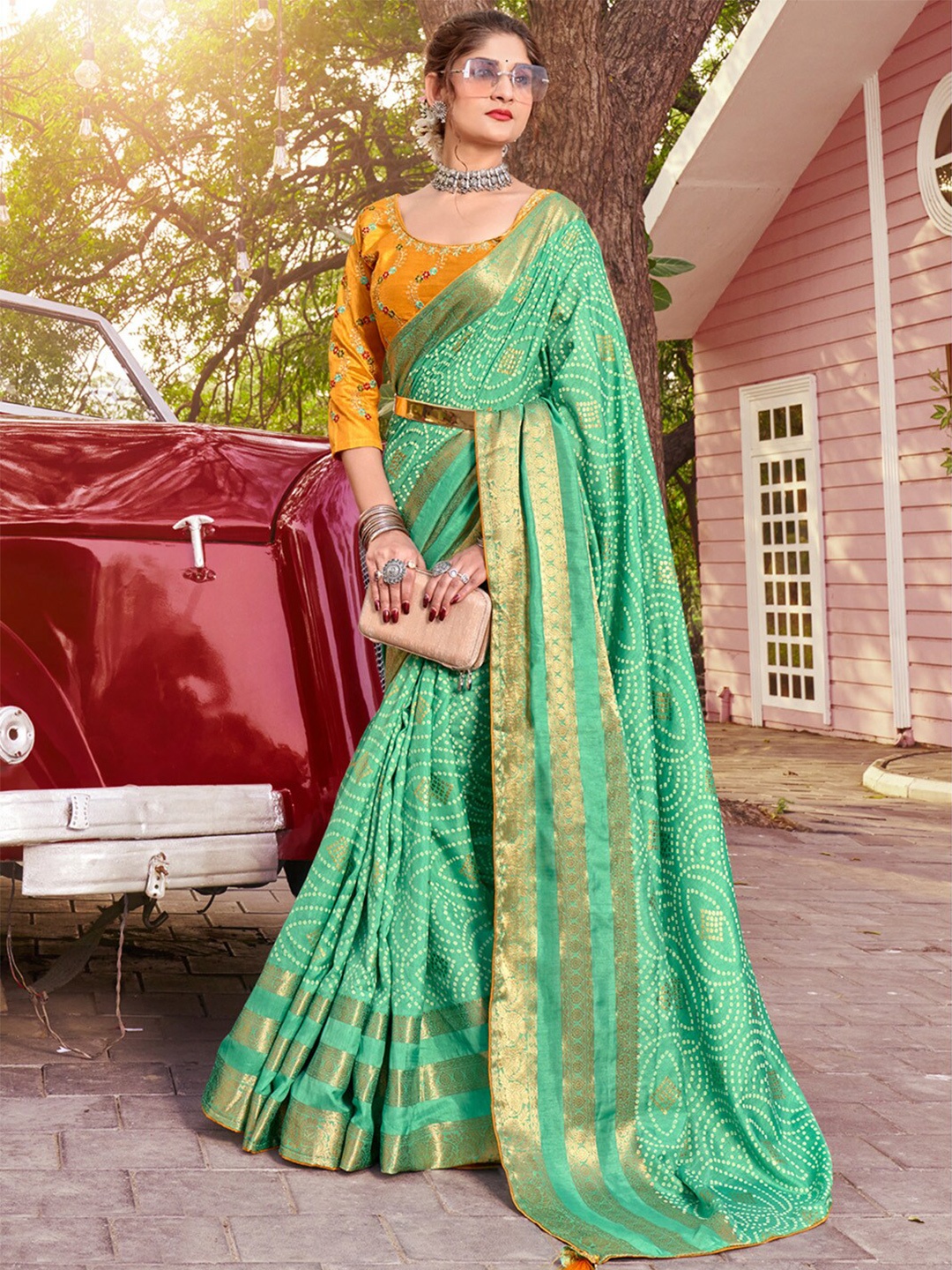 

Saree mall Bandhani Zari Silk Blend Bandhani Sarees, Turquoise blue