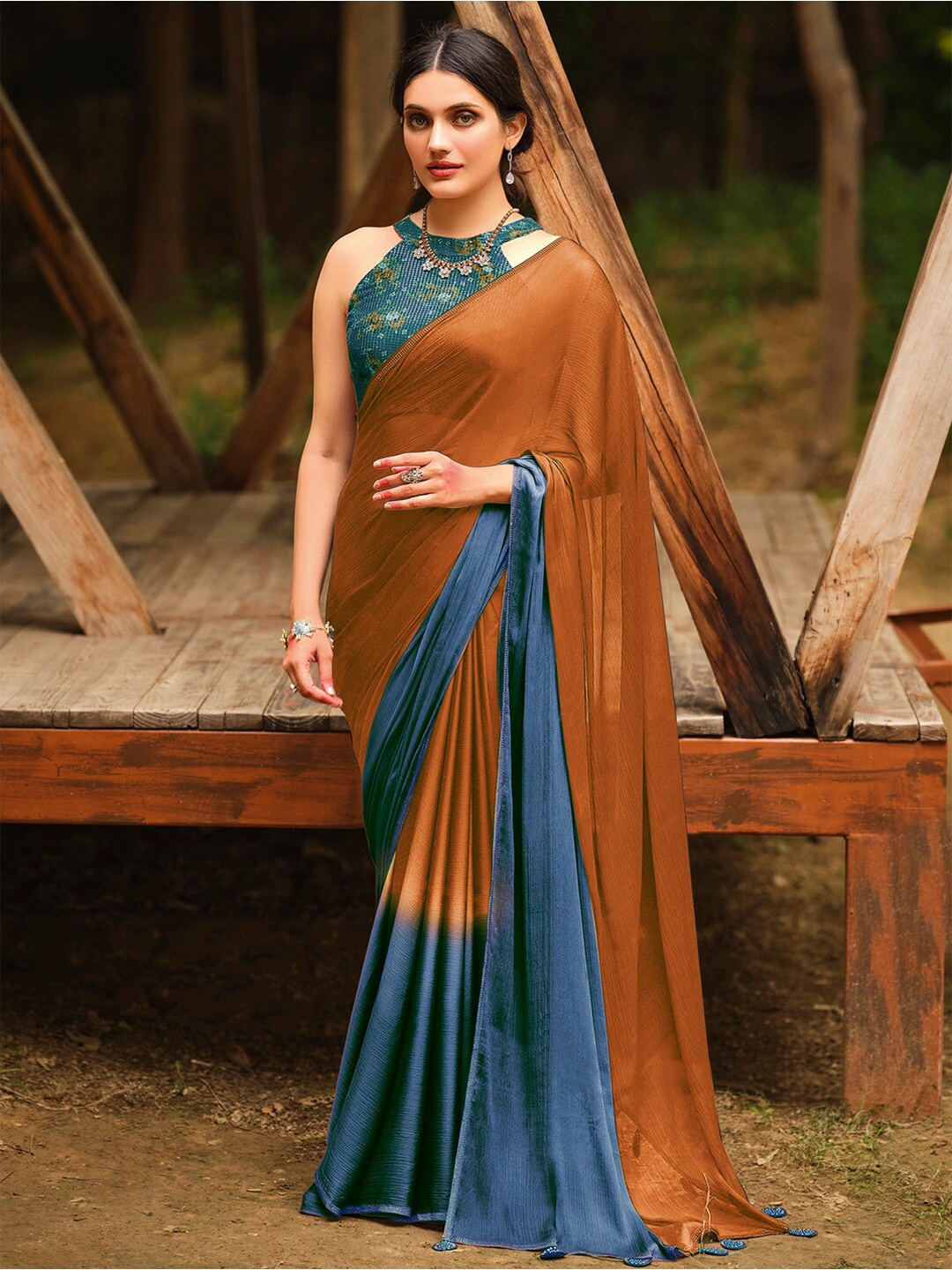 

Saree mall Ombre Beads and Stones Pure Chiffon Sarees, Rust