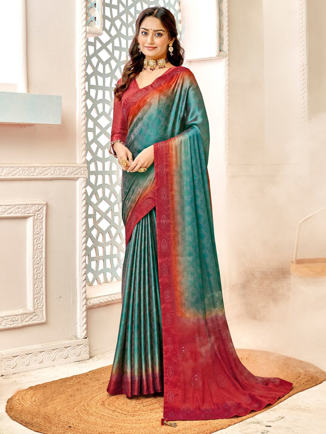 

Saree mall Ethnic Motifs Beads and Stones Silk Sarees, Blue
