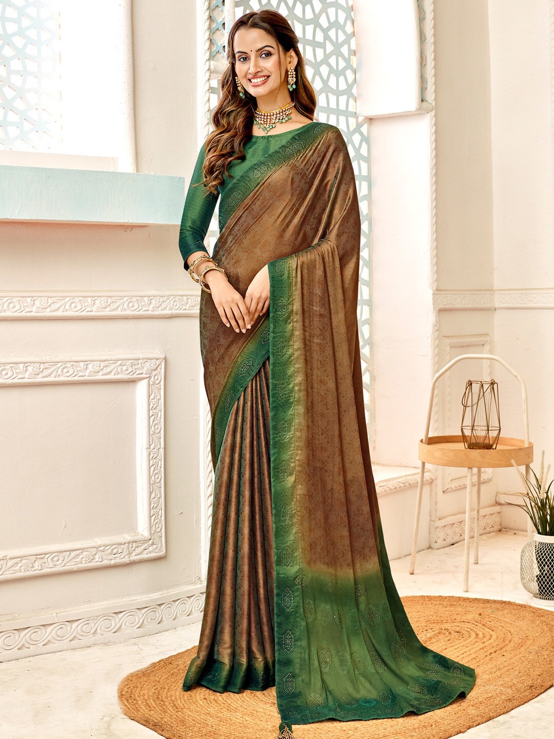 

Saree mall Ethnic Motifs Beads and Stones Pure Silk Banarasi Sarees, Brown