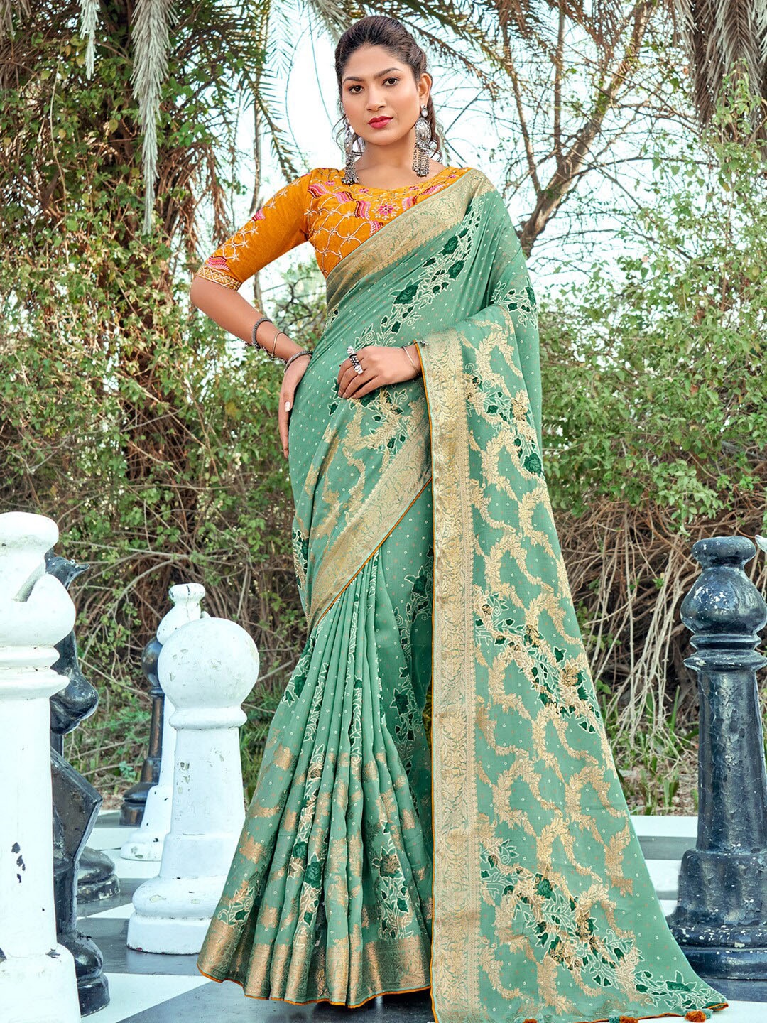 

Saree mall Floral Woven Desing Zari Sarees, Sea green