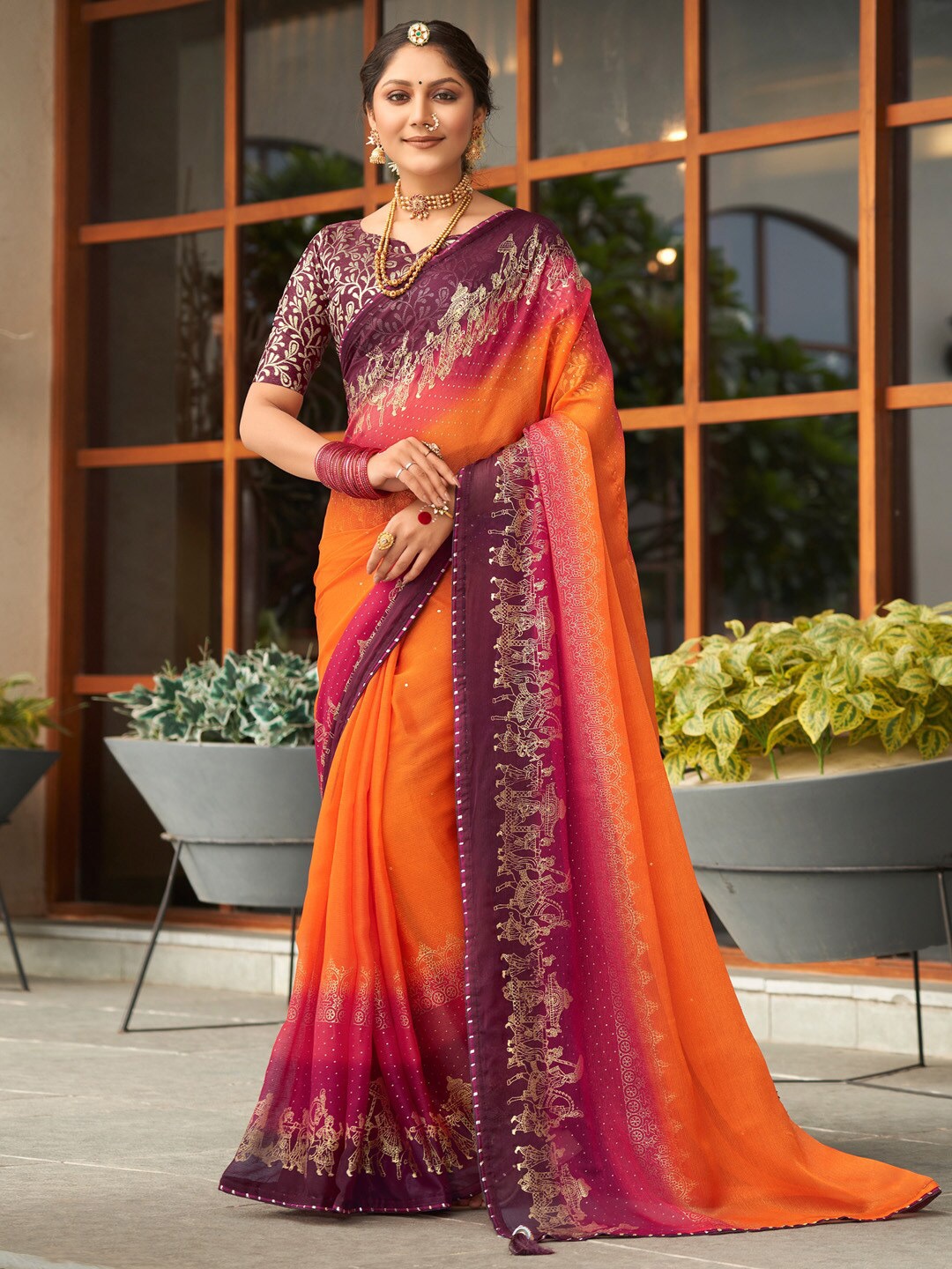 

Saree mall Ethnic Motifs Zari Poly Chiffon Sarees, Orange
