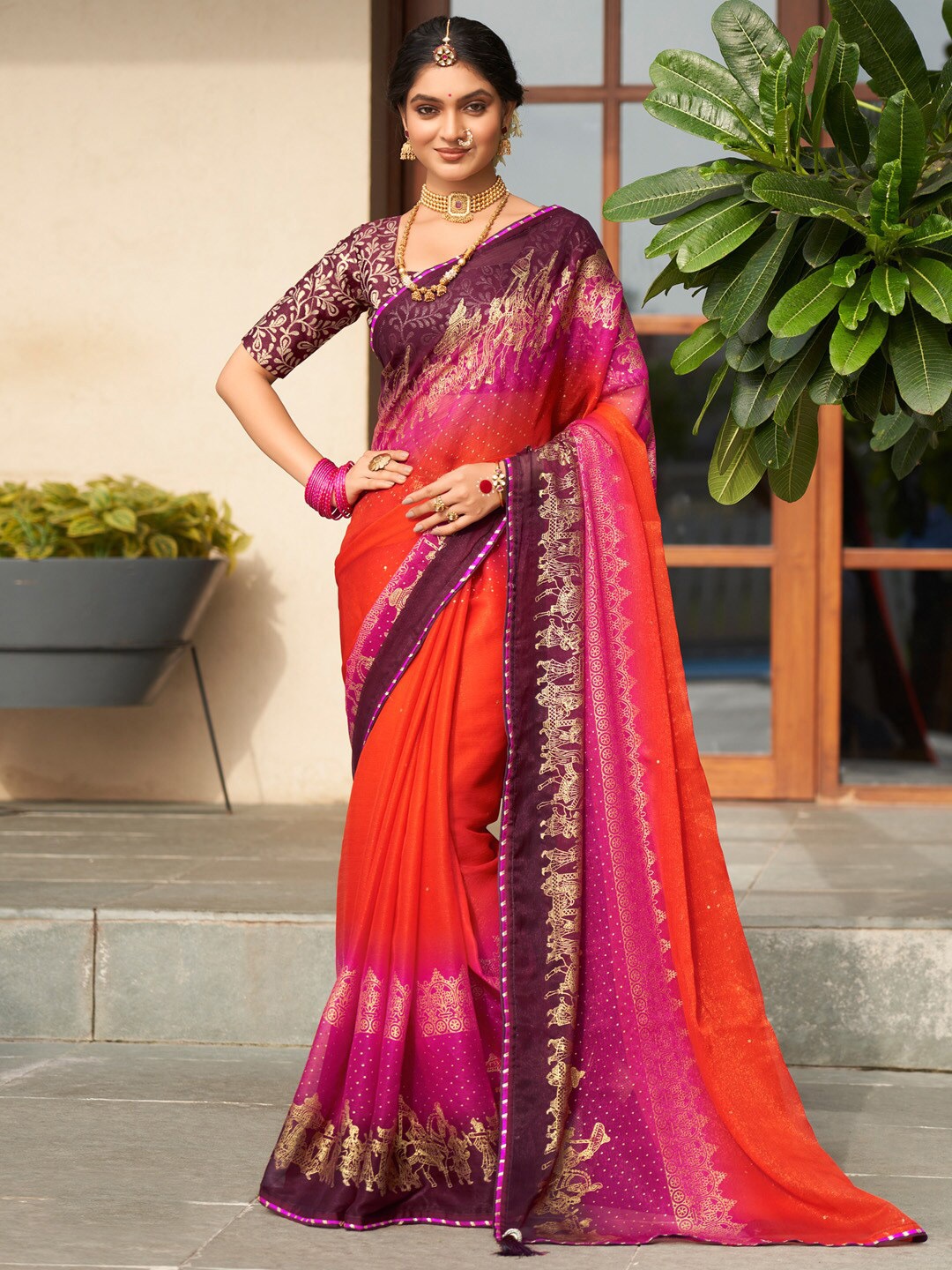 

Saree mall Ethnic Motifs Zari Poly Chiffon Sarees, Orange