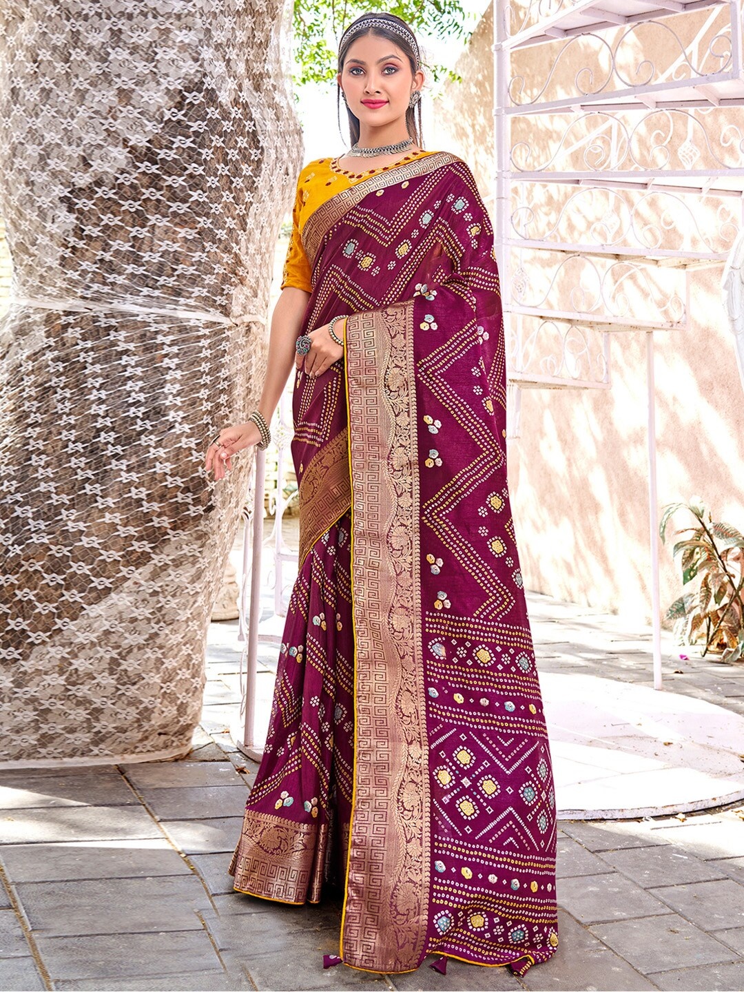 

Saree mall Zari Bandhani Sarees, Magenta