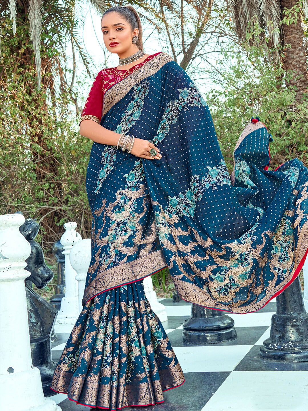 

Saree mall Floral Zari Bandhani Sarees, Teal