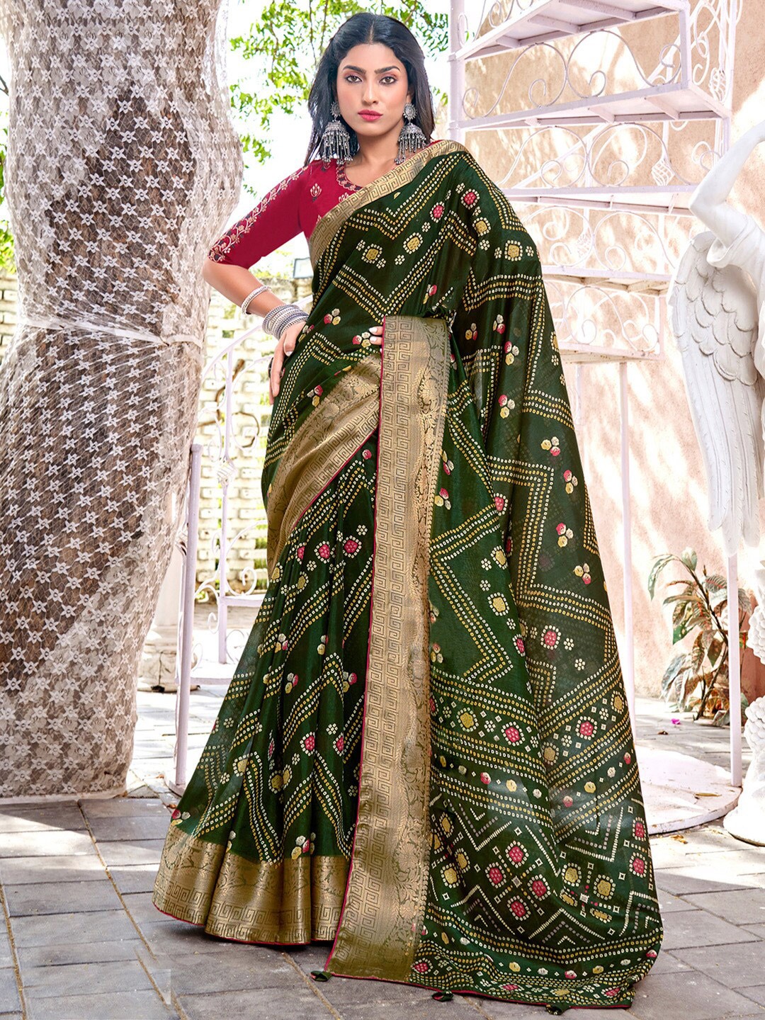 

Saree mall Bandhani Zari Bandhani Sarees, Olive