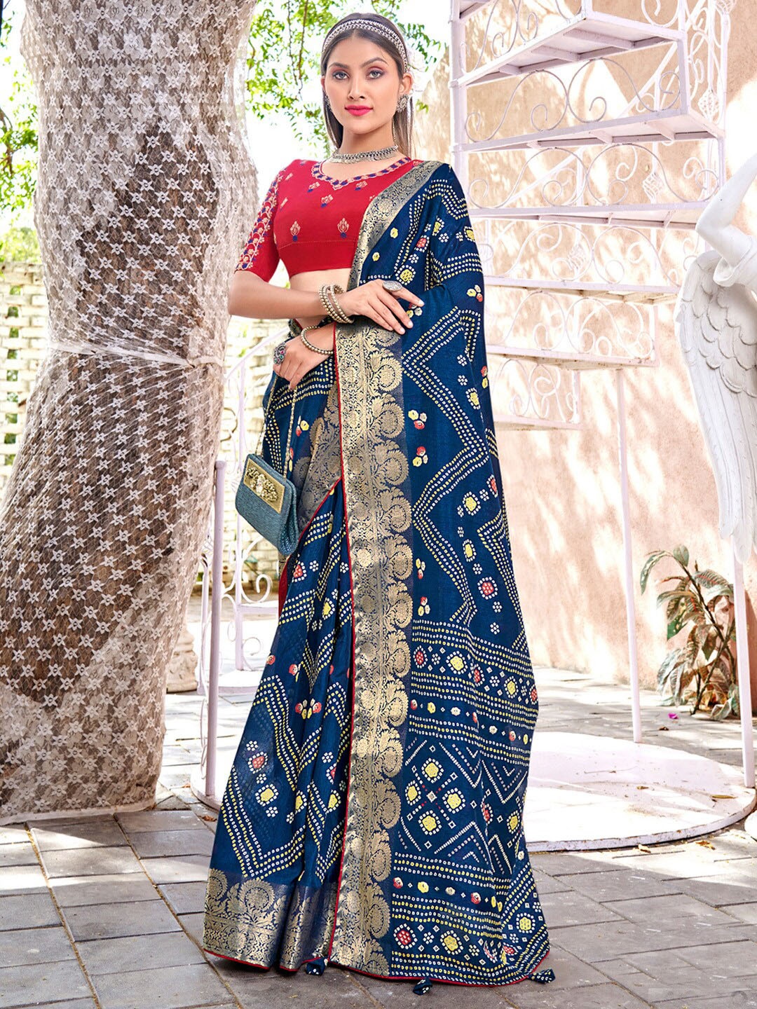 

Saree mall Bandhani Zari Bandhani Sarees, Navy blue