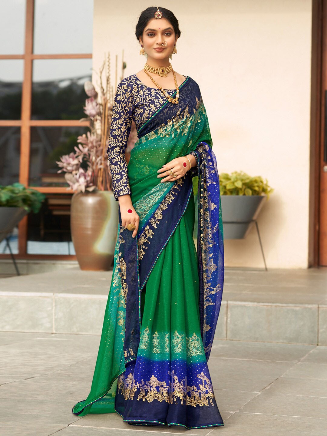 

Saree mall Ethnic Motifs Sequinned Poly Chiffon Sarees, Green