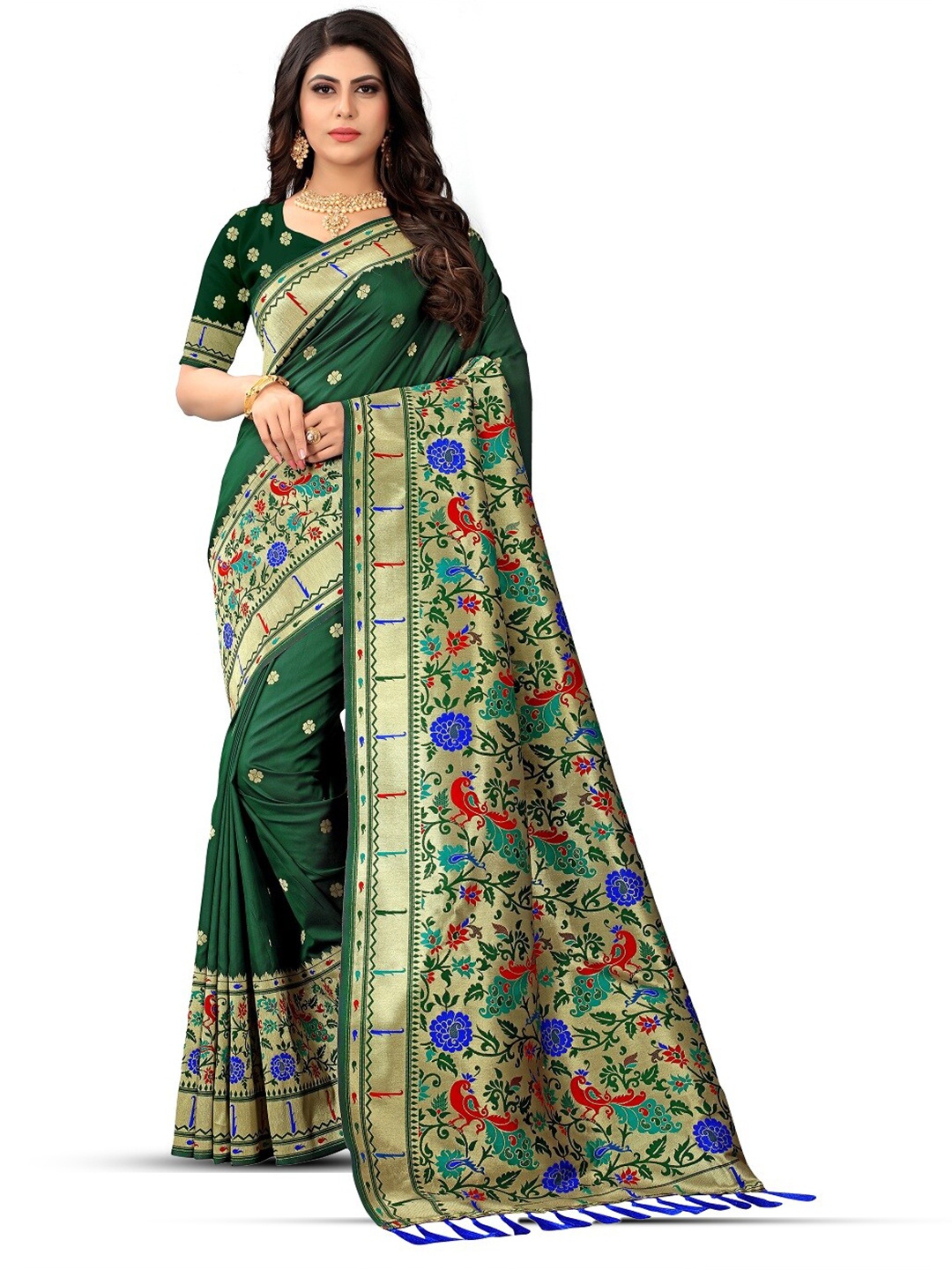 

THE WOMEN DECOR Floral Zari Pure Silk Paithani Saree, Green