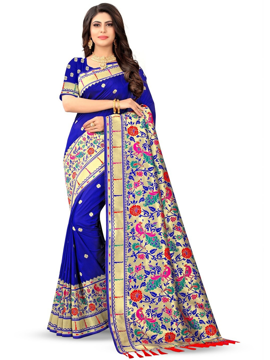 

THE WOMEN DECOR Floral Zari Pure Silk Paithani Saree, Navy blue