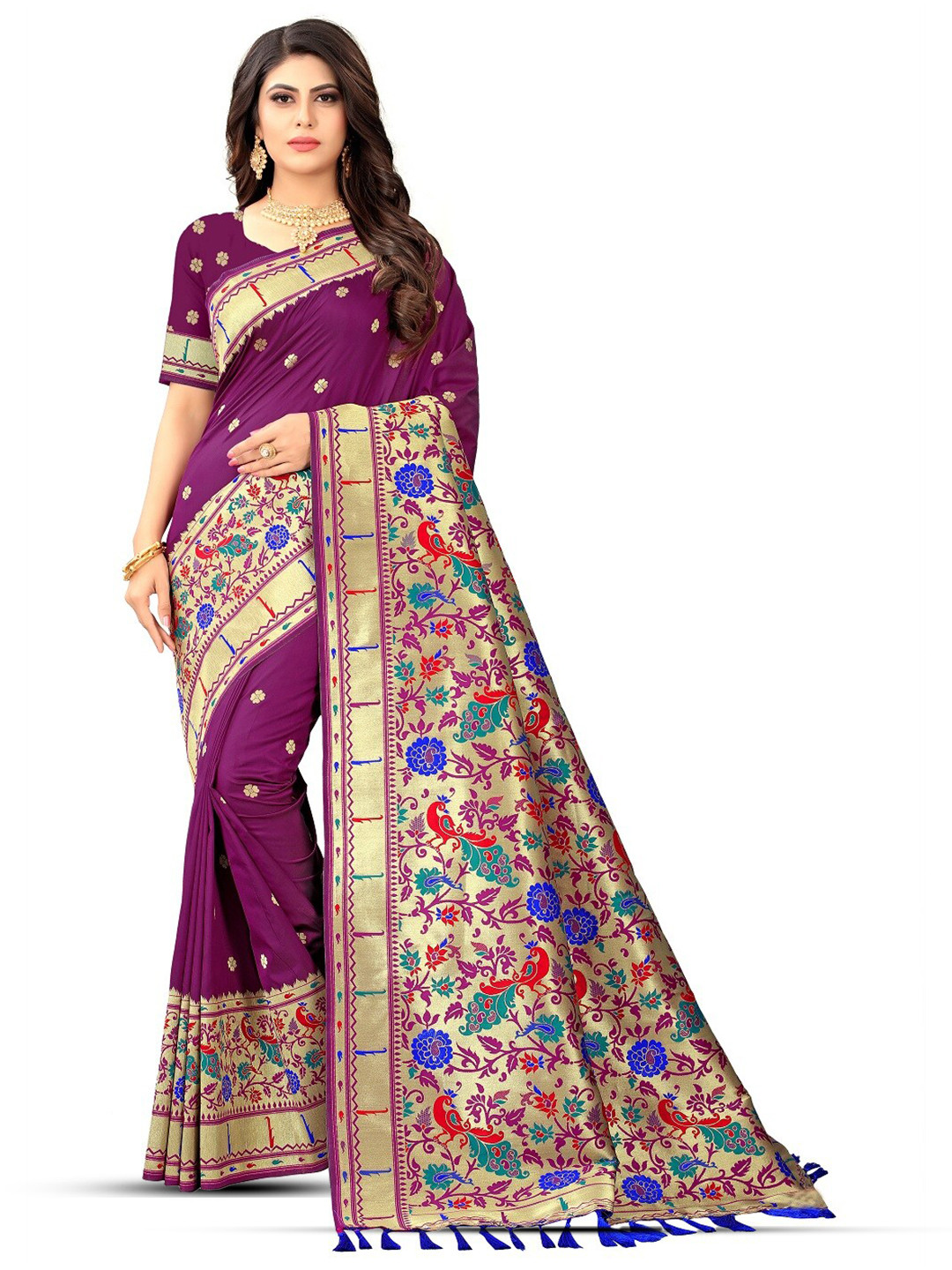 

THE WOMEN DECOR Woven Design Zari Pure Silk Paithani Saree, Purple