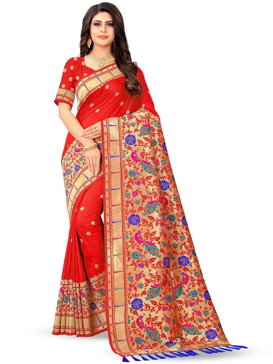 

THE WOMEN DECOR Woven Design Zari Pure Silk Paithani Saree, Red
