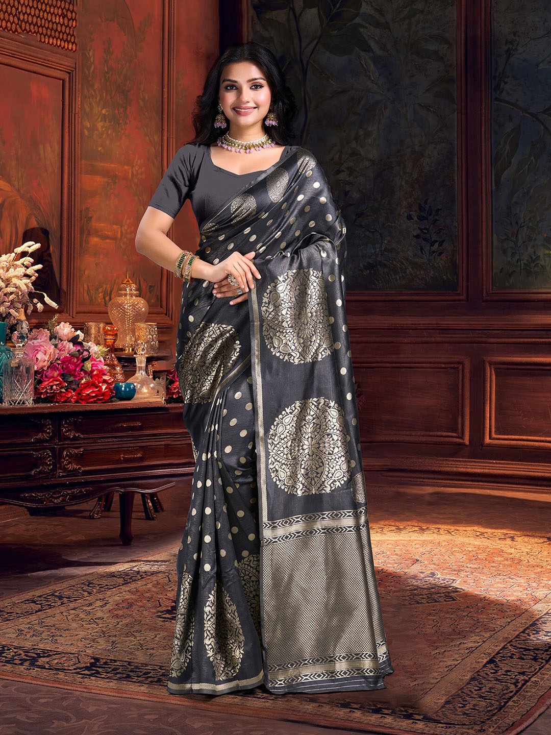 

KALINI Ethnic Motifs Zari Art Silk Banarasi Saree, Grey