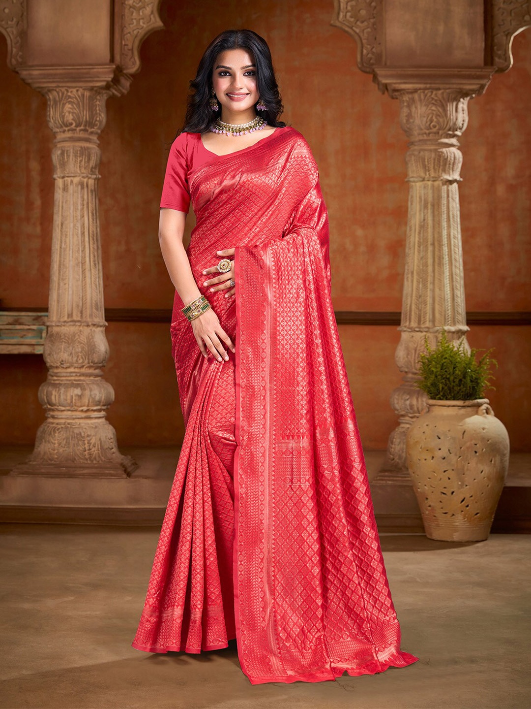 

KALINI Woven Design Zari Art Silk Banarasi Saree, Red