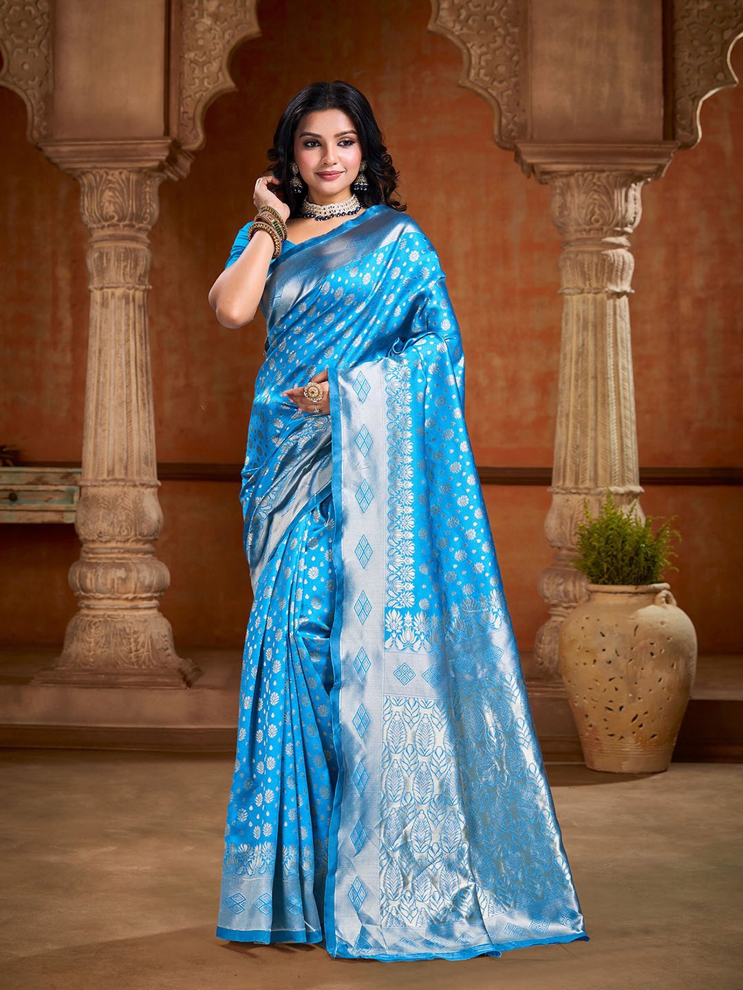 

KALINI Ethnic Motifs Zari Art Silk Banarasi Saree, Blue