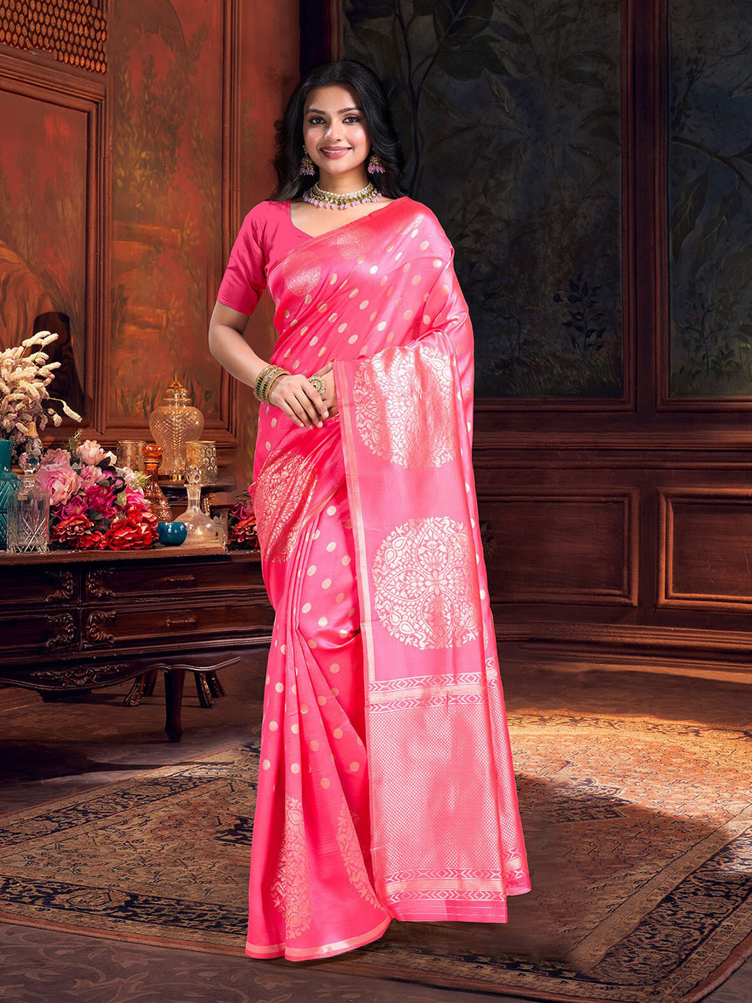 

KALINI Ethnic Motifs Zari Art Silk Banarasi Saree, Pink