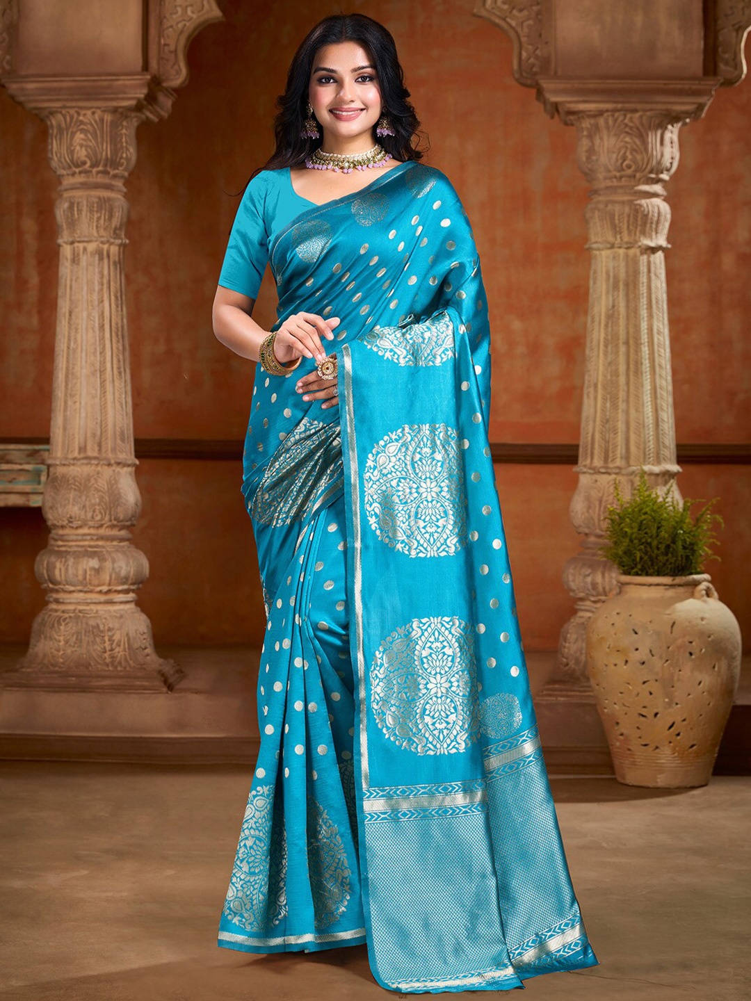 

KALINI Ethnic Motifs Zari Art Silk Banarasi Saree, Blue
