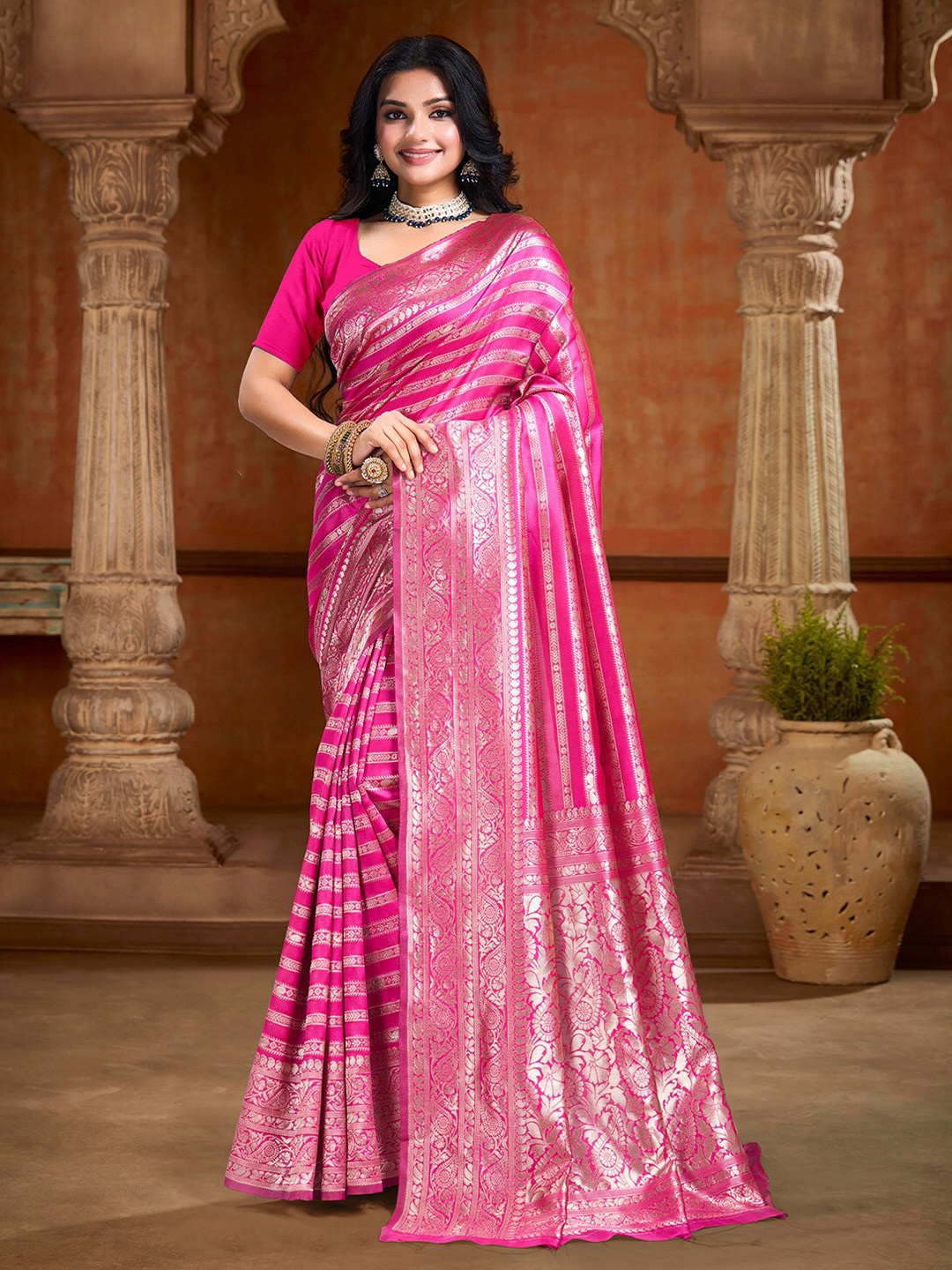 

KALINI Ethnic Motifs Zari Art Silk Banarasi Saree, Pink