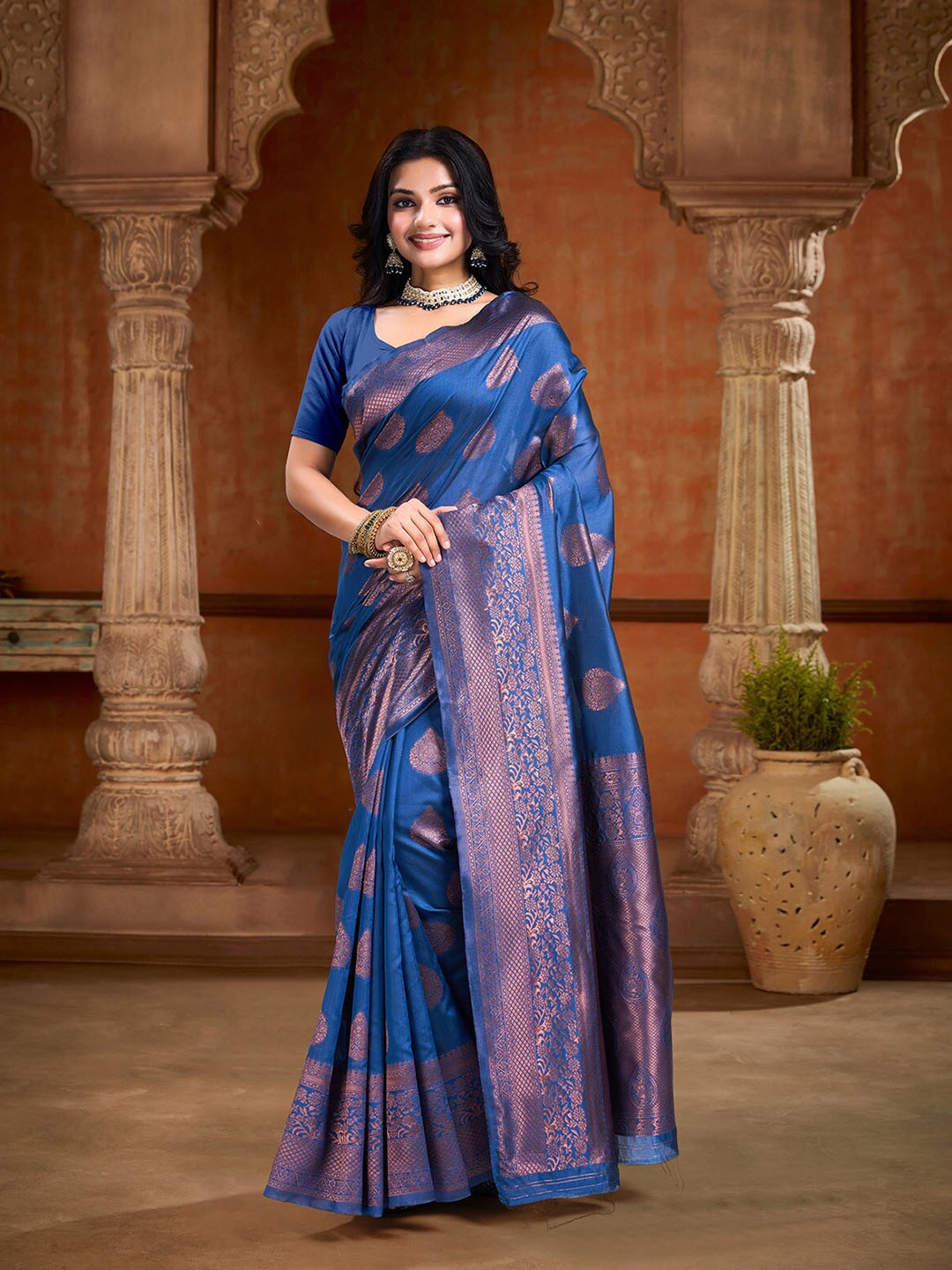 

KALINI Ethnic Motifs Zari Art Silk Banarasi Saree, Blue