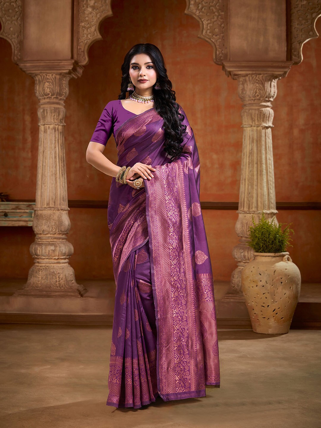 

KALINI Ethnic Motifs Zari Art Silk Banarasi Saree, Purple