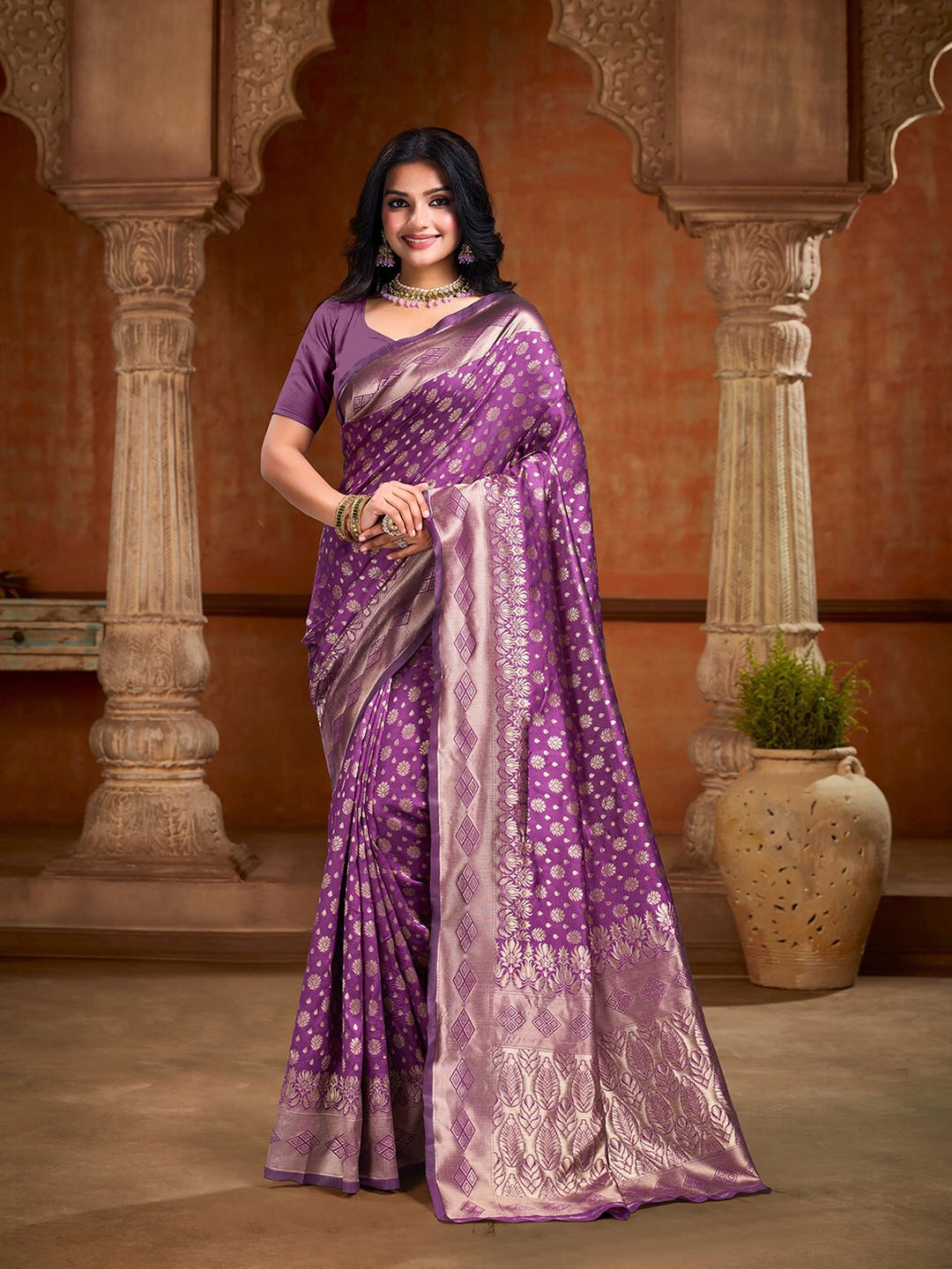 

KALINI Ethnic Motifs Zari Art Silk Banarasi Saree, Purple