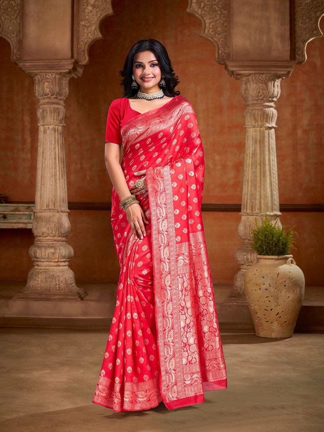 

KALINI Ethnic Motifs Zari Art Silk Banarasi Saree, Red