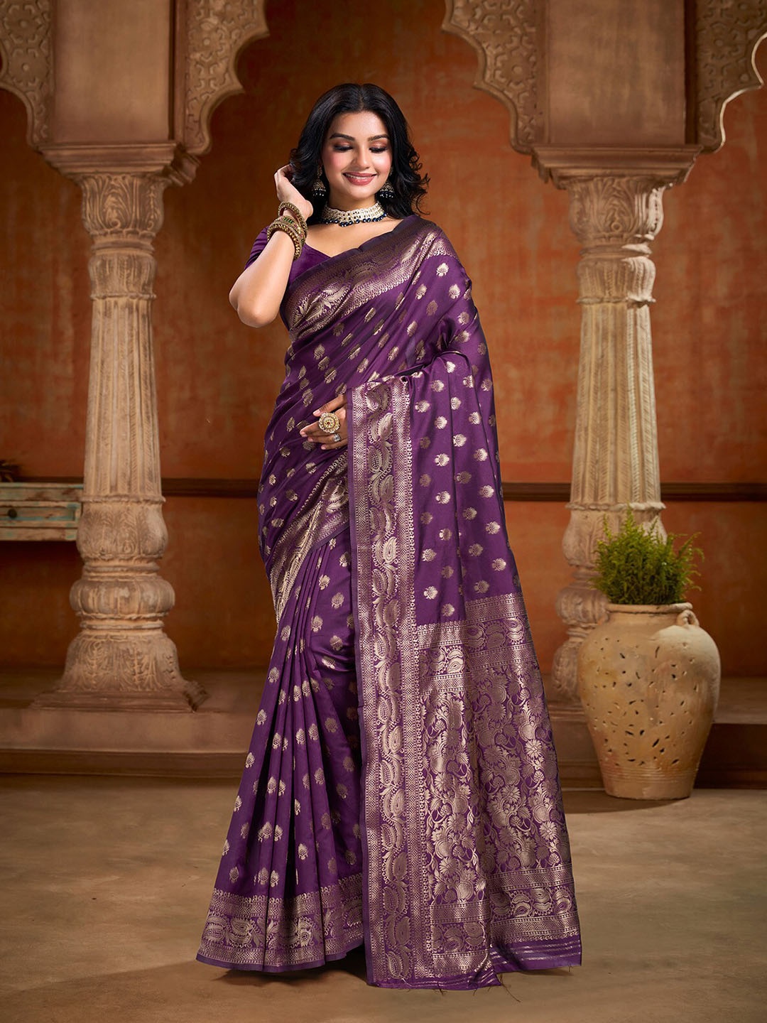 

KALINI Ethnic Motifs Zari Art Silk Banarasi Saree, Purple