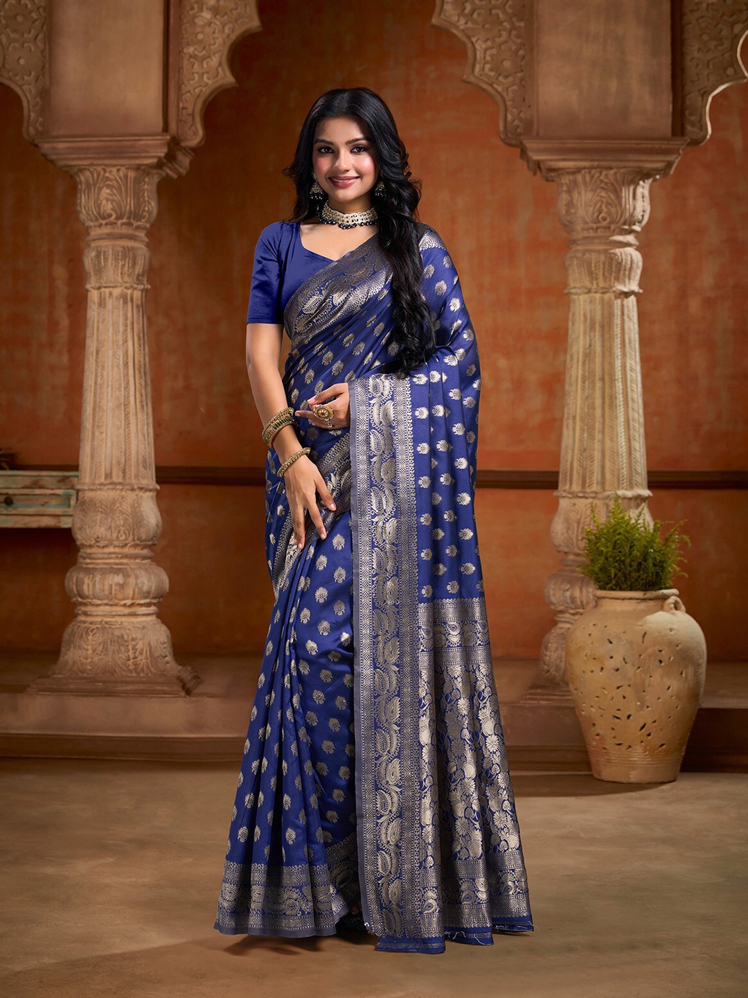 

KALINI Woven Design Ethnic Motifs Zari Banarasi Saree, Navy blue