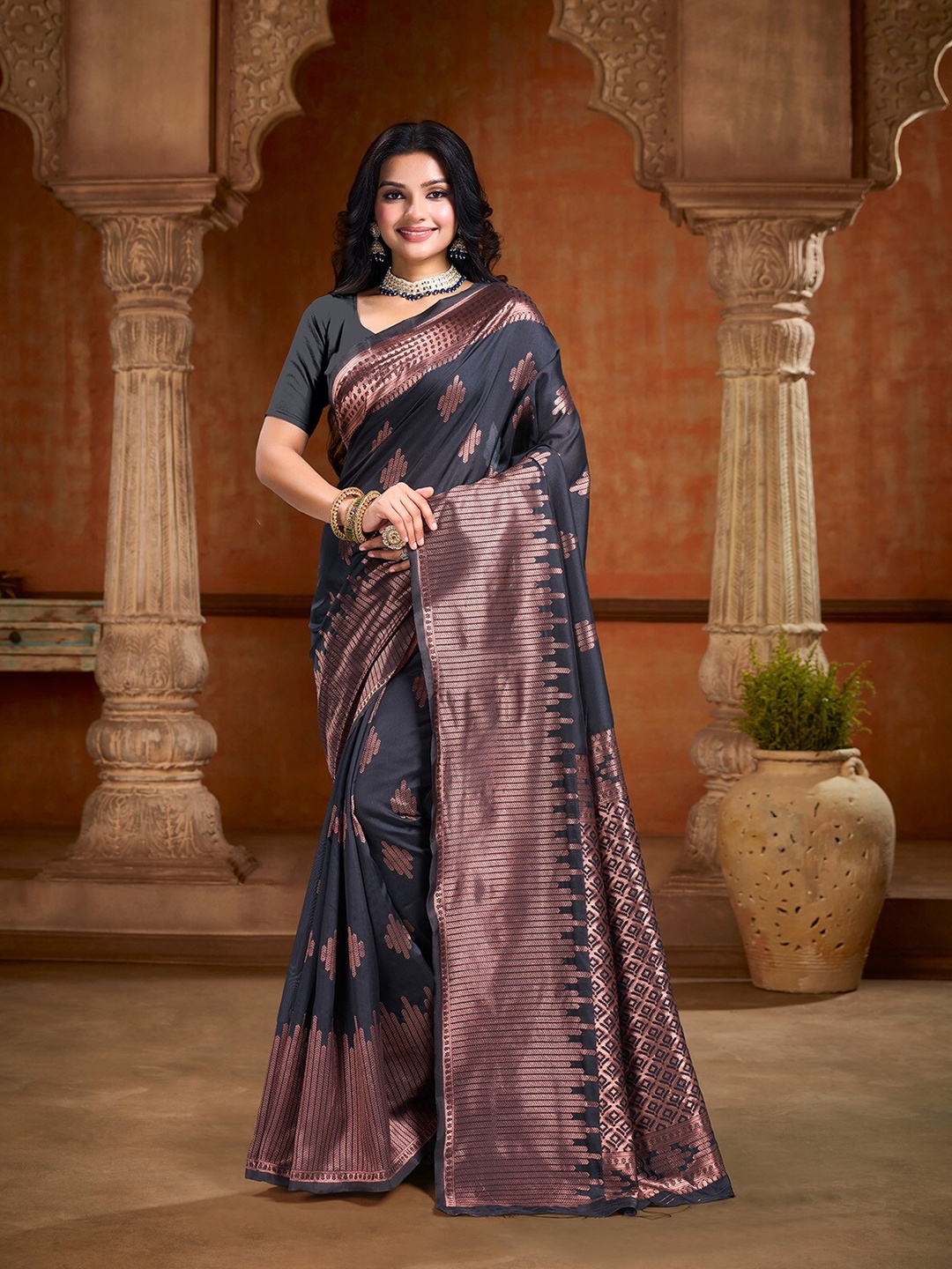 

KALINI Ethnic Motifs Zari Art Silk Banarasi Saree, Grey