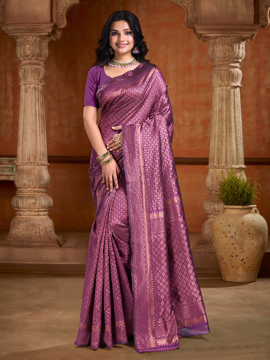 

KALINI Ethnic Motifs Zari Art Silk Banarasi Saree, Purple