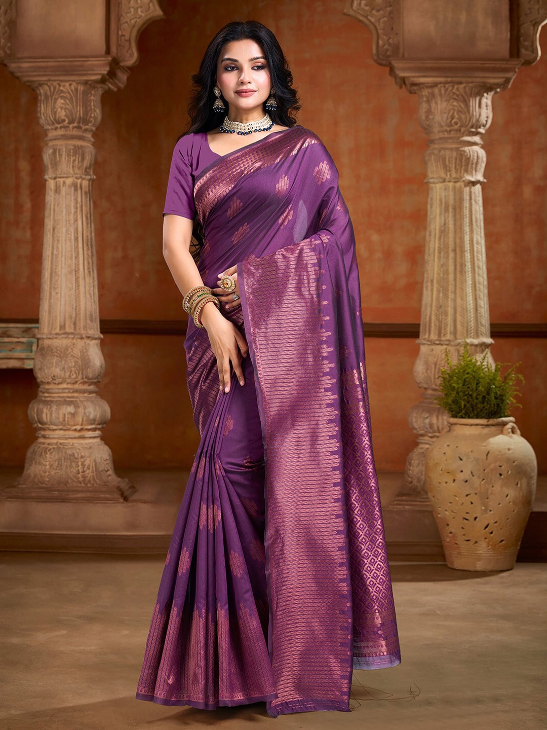 

KALINI Ethnic Motifs Zari Banarasi Saree, Purple