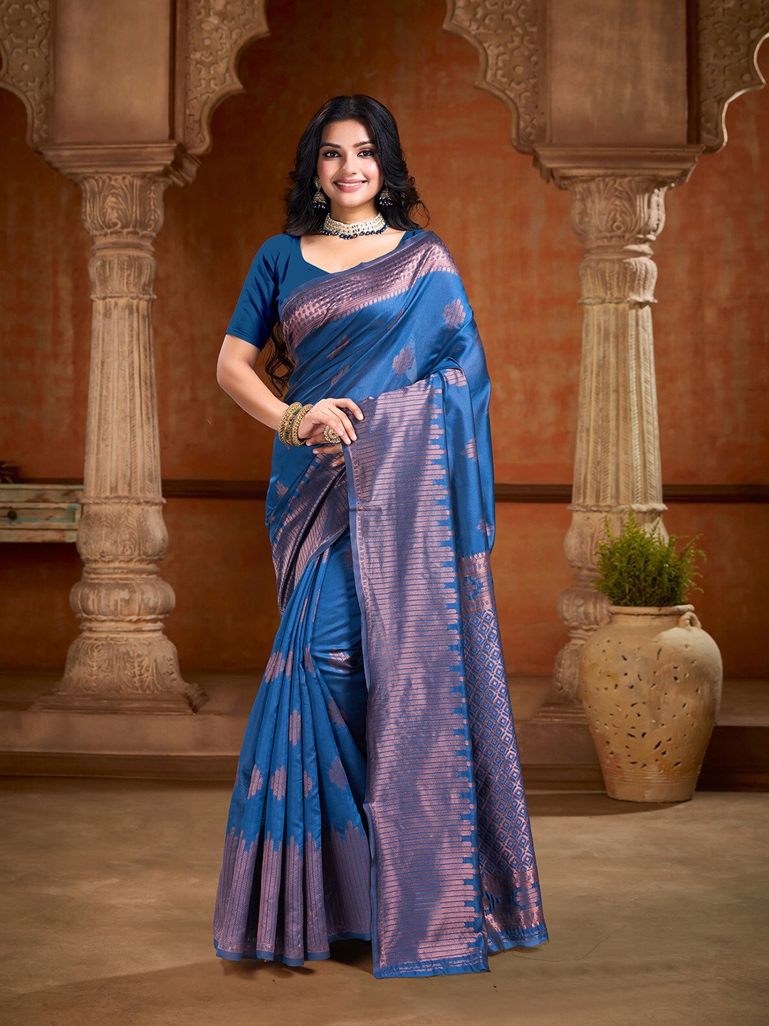 

KALINI Ethnic Motifs Zari Art Silk Banarasi Saree, Blue