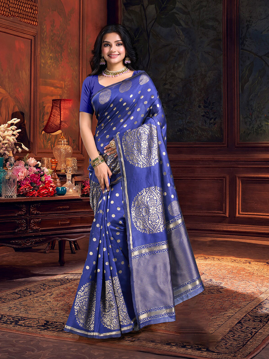 

KALINI Ethnic Motifs Zari Art Silk Banarasi Saree, Blue