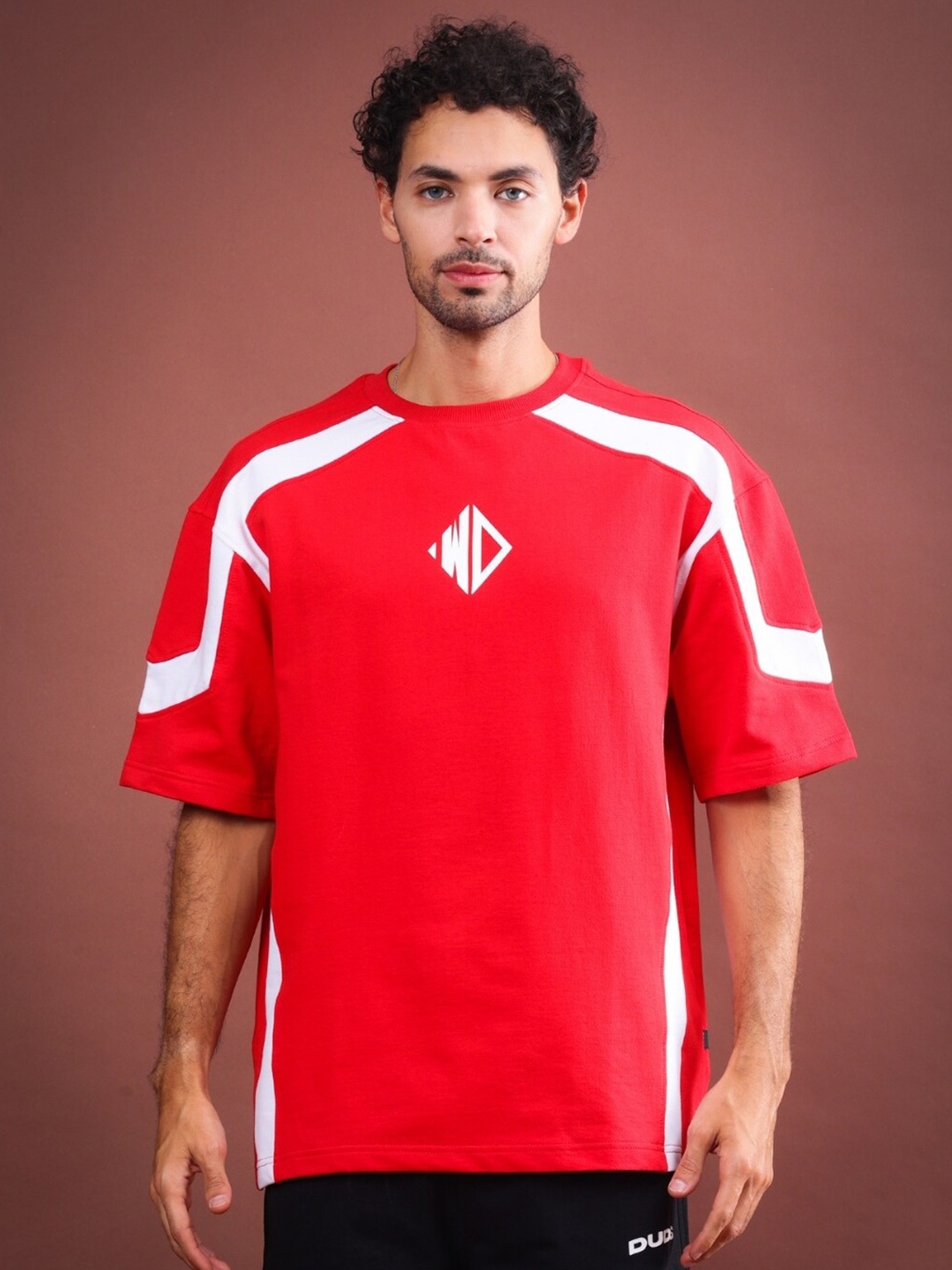

WEARDUDS Printed Drop-Shoulder Sleeves Oversized T-shirt, Red